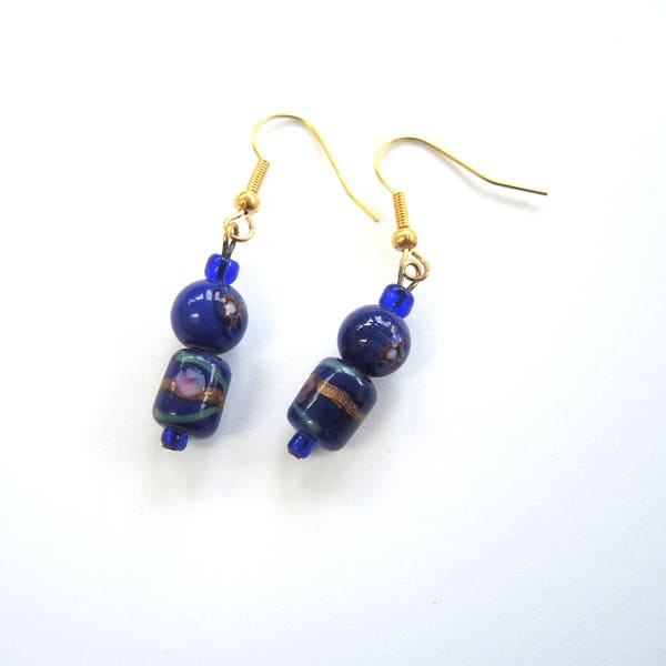 Deep Blue earrings- dark royal blue and goldtone dangles lampwork beads with free gift bag OOAK unique ready to ship