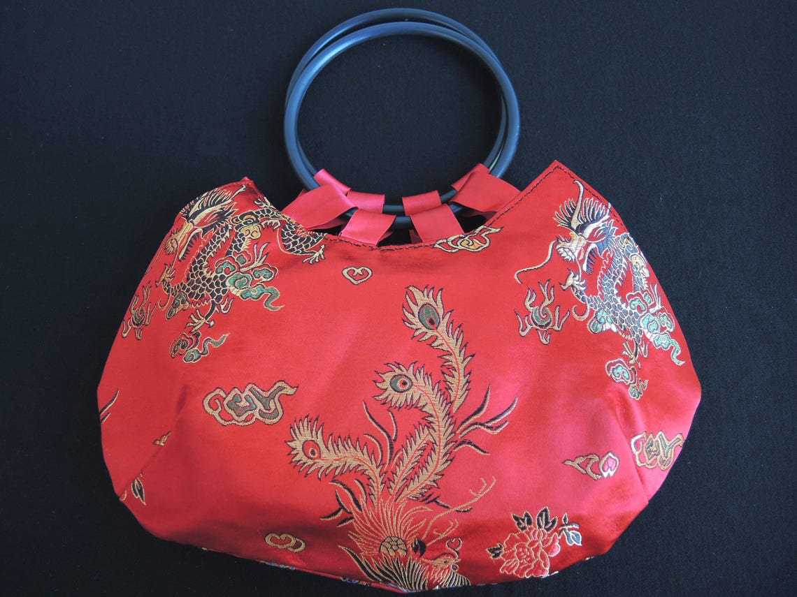 Red Moon Bag in Red Chinese Satin Brocade With Hoop Handles Etsy