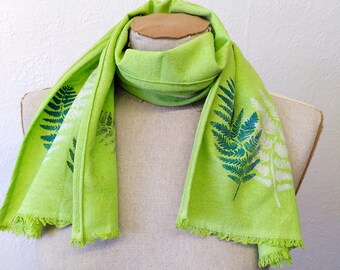 NEW Noil silk scarf Ferns wearable painted art hand dyed printed unique wearable art shortie neckwarmer soft spring ready to ship OOAK