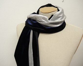 Stripes velour scarf- navy silver and black stripy luxury velvety scarf one of a kind unique double-sided OOAK Ready to ship