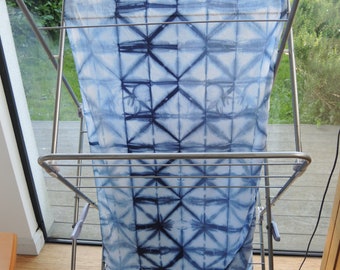 Large cotton scarf sarong or opera wrap -Shibori Triangles extra long hand-dyed transitional denim blue grey - ready to ship OOAK unique