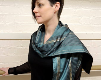 Mosaic luxury stole wrap or indoor scarf in teal bronze and brown- unisex made to order blue-green unlined