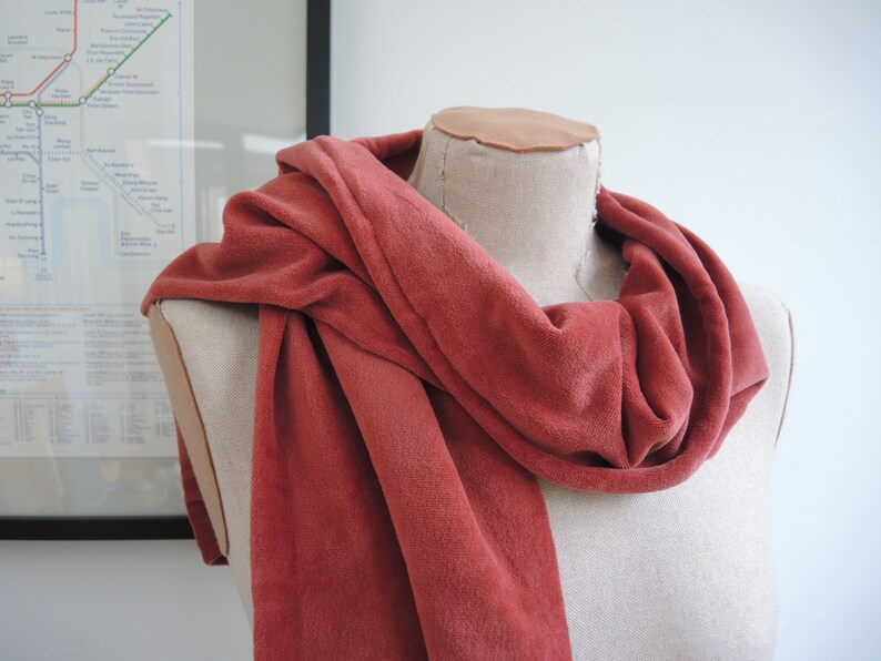 Organic velour scarf Soft red luxury extra long smart dusty pink cotton velvet velour eco-friendly easy care self-lined free UK shipping image 1