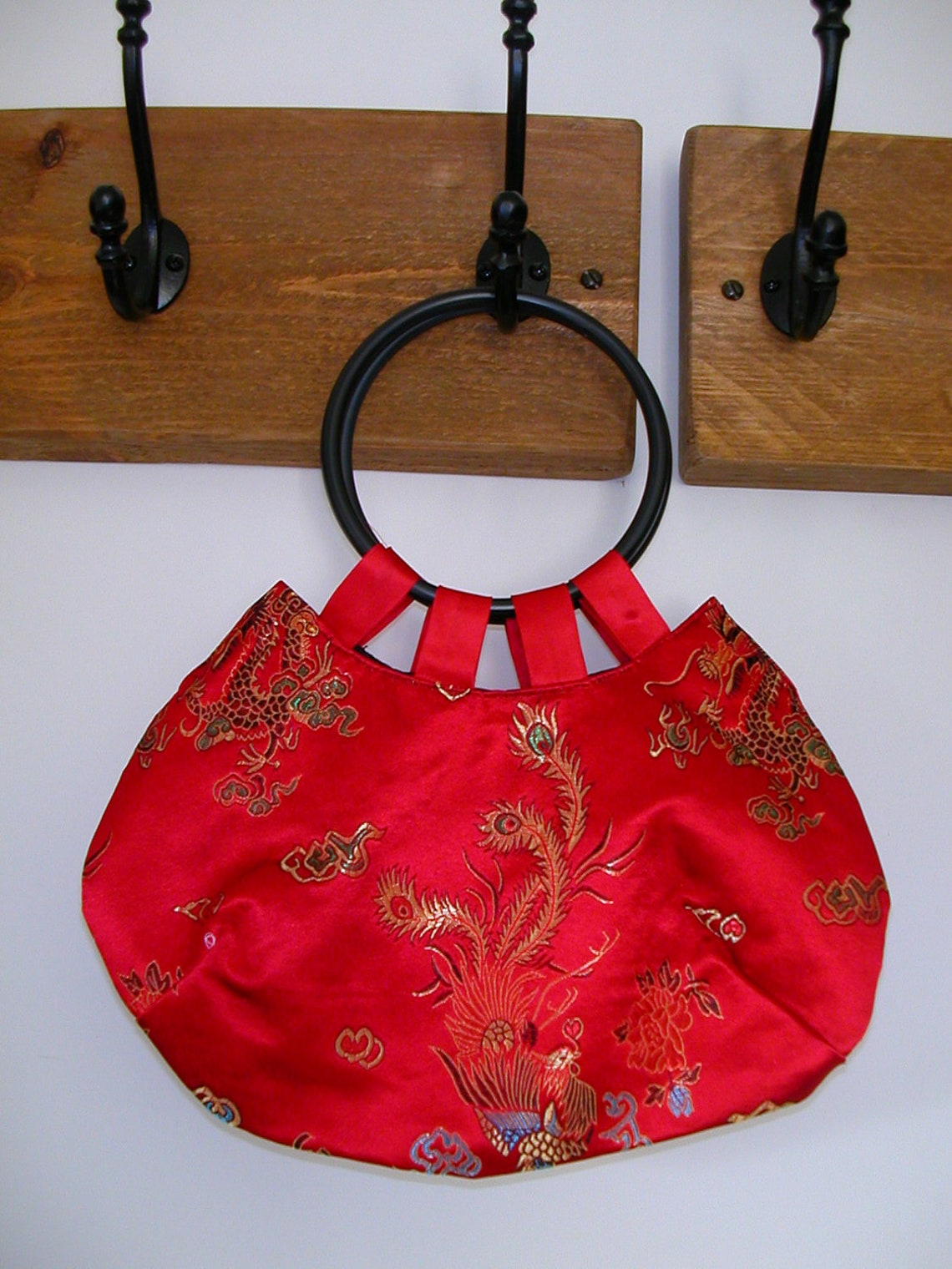 Red Moon Bag in Red Chinese Satin Brocade With Hoop Handles Etsy