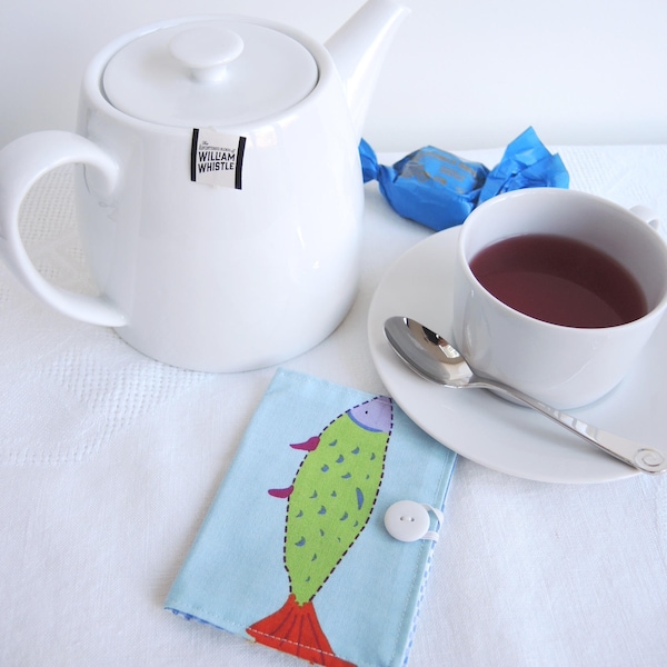 Vintage fish teabag wallet or business card wallet- Ready to ship OOAK novelty print in blue and brights- standard- ready to ship