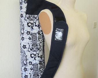 Showerproof Yoga mat bag - part UPCYCLED Navy Batik washable drawstring tube adjustable strap & showerproof lining ready to ship