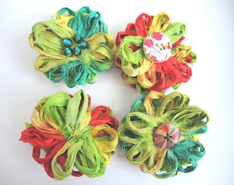 Boho silk brooch Spring - sari ribbon upcycled shabby chic large corsage vibrant yellow lime teal red -made to order