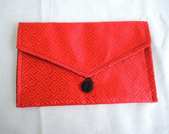 Scarlet Envelope Clutch -ready to ship purse in red brocade with black lining- asian look Greek key satin