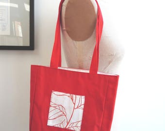 Red Leaves scarlet and white reversible medium tote- washable shoulder bag- ready to ship