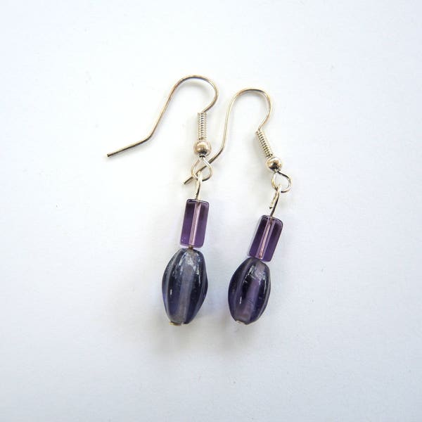 Grape dark violet purple and silvertone earrings- dangles glass beads with free gift bag OOAK unique ready to ship