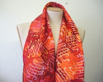 NEW Squiggle scarf -large silk art scarf -heavy twill abstract pattern -gold red pink orange- batik hand painted design ready to ship OOAK