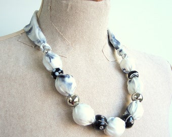 Ready to ship White Cloud Silk statement necklace -handpainted wearable art in delicate white, grey and black- large adjustable unique OOAK