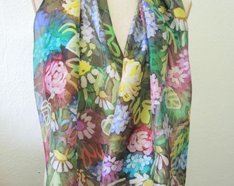 NEW Summer Garden scarf -large silk art scarf -abstract summer blooms-gold purple pink green- batik hand painted design ready to ship OOAK