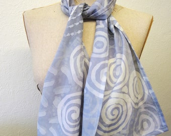 NEW Newgrange #1 small vintage silk scarf -neolithic -subtle batik gray lilac white celtic motifs spirals- wearable art- ready to ship