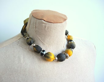 Ready to ship Thunder Cloud Silk statement necklace -handpainted wearable art in mustard yellow, grey & black- large adjustable unique OOAK