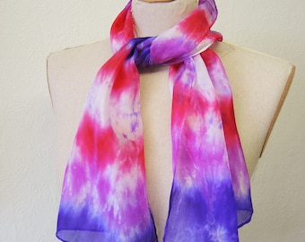 Fuchsia Stripes small Silk scarf - hand-dyed purple magenta pink white random banded vivid bright unique wearable art OOAK ready to ship