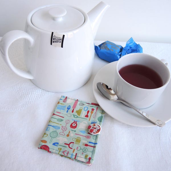 Bake-off teabag wallet or business card wallet- Ready to ship standard size - cookery kitchen mulitcolour print -ideal gift stocking filler