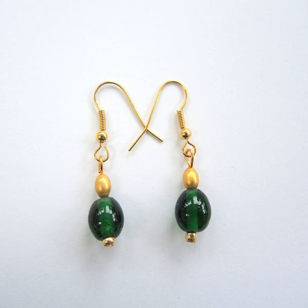 Ganges green and goldtone earrings- Ready to ship dangles Indian lustre glass classic design with free gift bag OOAK unique