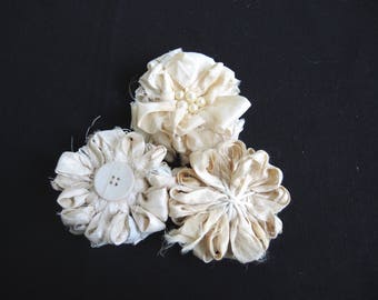 Ivory Twist silk brooch- sari ribbon & vintage pearls upcycled shabby chic large corsage cream off-white-ready to ship or made to order