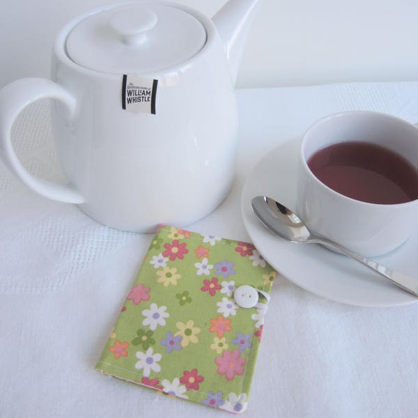 Meadow teabag wallet or business card wallets- standard- Ready to ship green white pink yellow flowers- ideal travel gift stockingfiller