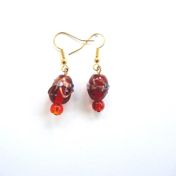 Red Swirl earrings scarlet blue and goldtone - dangles lampwork glass beads with free gift bag OOAK unique ready to ship
