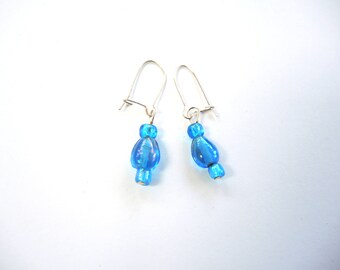 Deep Turquoise drop earrings- tiny turquoise blue and silvertone dangles glass beads with free gift bag OOAK unique ready to ship