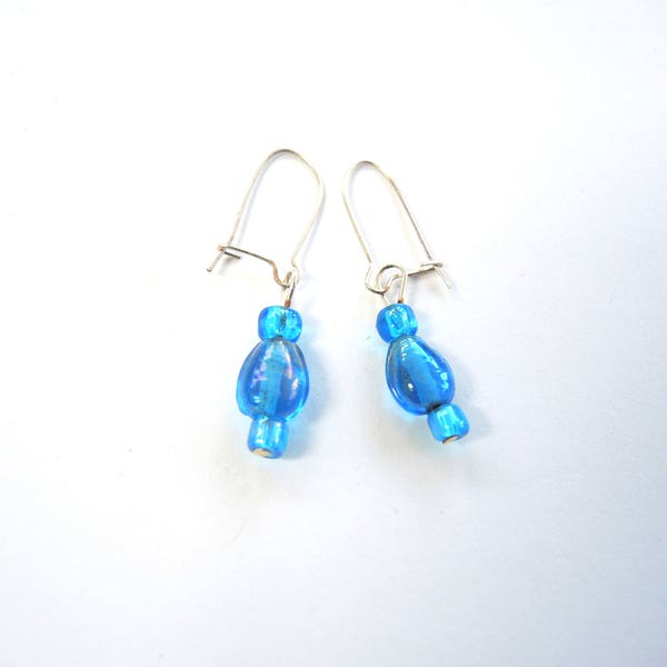 Deep Turquoise drop earrings- tiny turquoise blue and silvertone dangles glass beads with free gift bag OOAK unique ready to ship