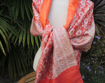 Flame Sari opera wrap -Ready to ship large scarf shawl upcycled satin lined bright watermelon red gold/silver paisley vivid OOAK unique