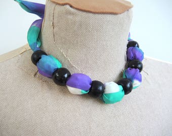 Lavender Silk statement necklace -Ready to ship handpainted wearable art in striking purple white and green- large adjustable unique OOAK