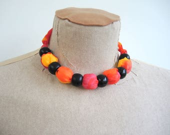 Volcano Silk statement necklace -Ready to ship handpainted wearable art in striking red orange and black- large adjustable unique OOAK