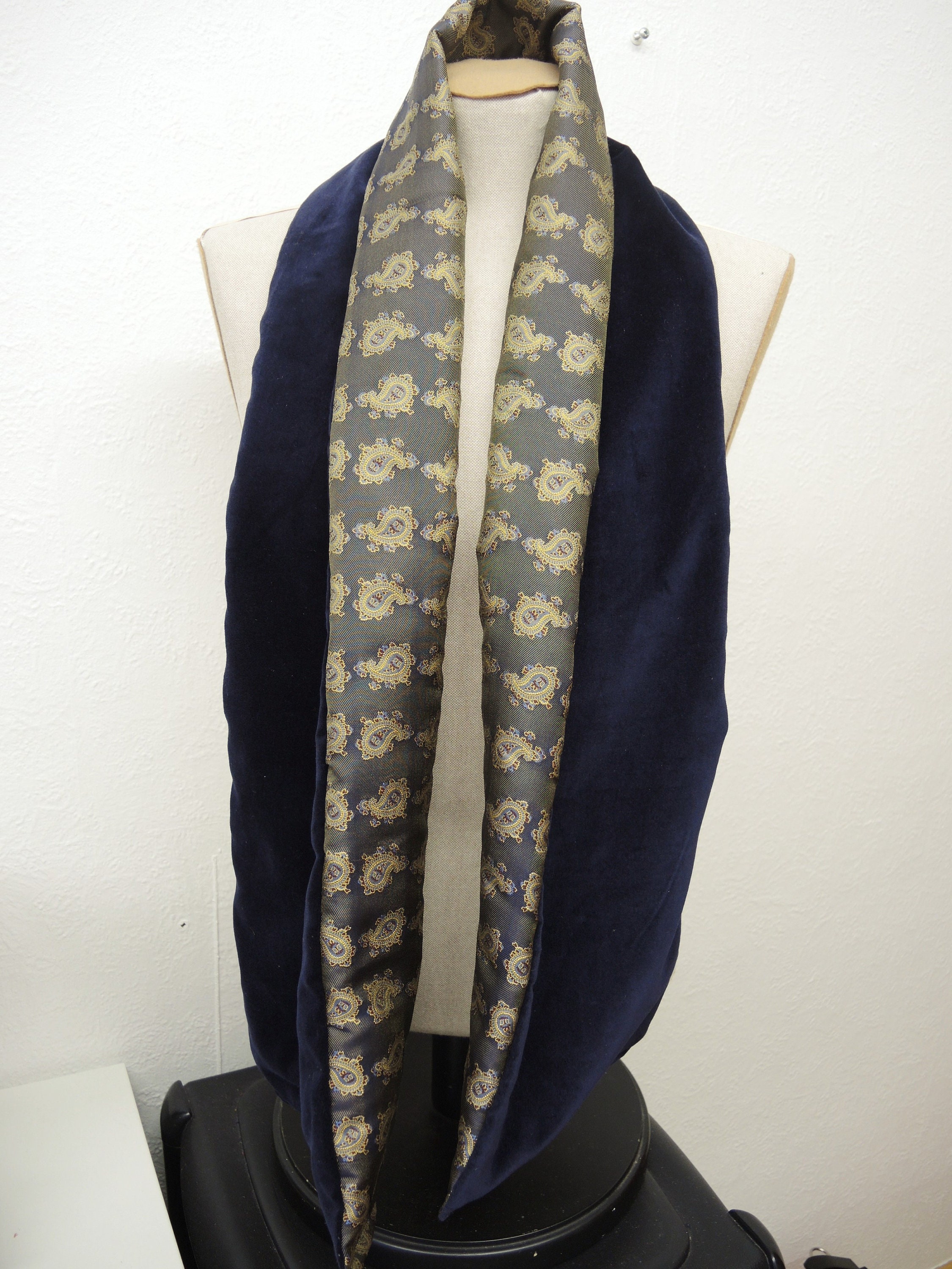 Navy Blue/Gold Paisley Scarf Brocade & Velvet - Cotton Velvet Silk Brocade Vanners Classic Design- Ready To Ship Free To UK and Europe