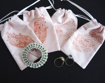 Pink/copper silk small/medium pouches stamped slight seconds lined bag for rings gifts presentation wedding- medium size- ready to ship