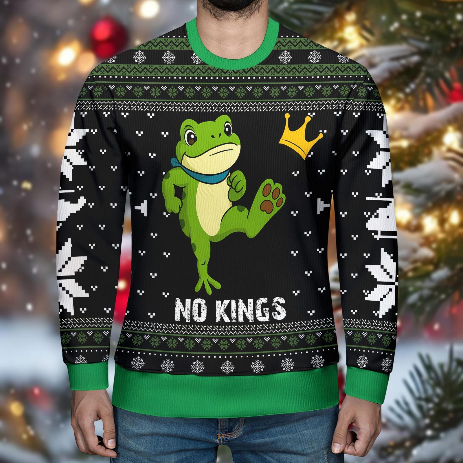 Discover No Kings Frog Protest Christmas Ugly Sweater, I Stand With Frog Holiday Sweatshirt, Funny Animal Meme Xmas Sweater