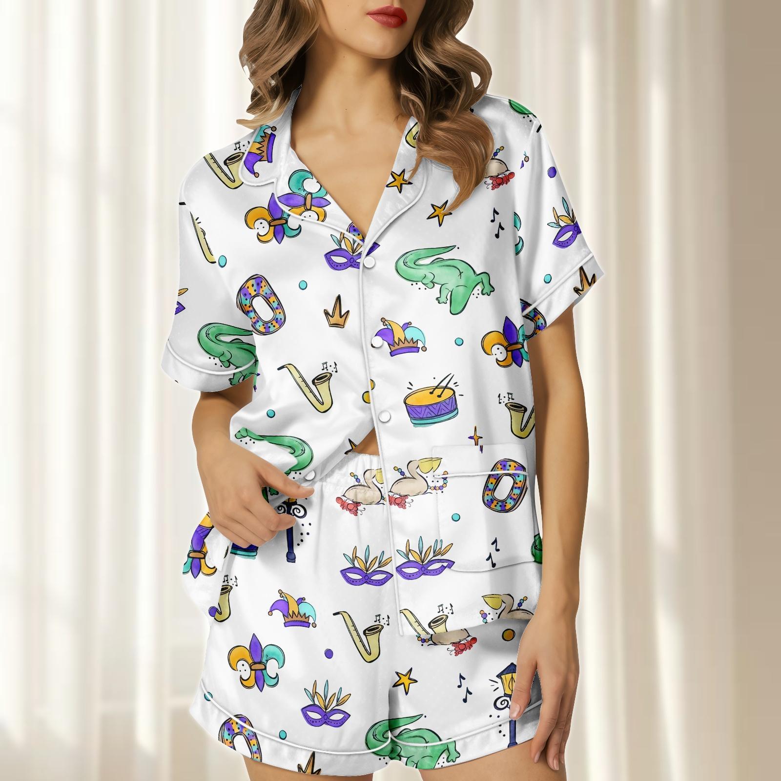Discover Mardi Gras Satin Pajamas Set for Women with Pocket, New Orleans Carnival Sleepwear
