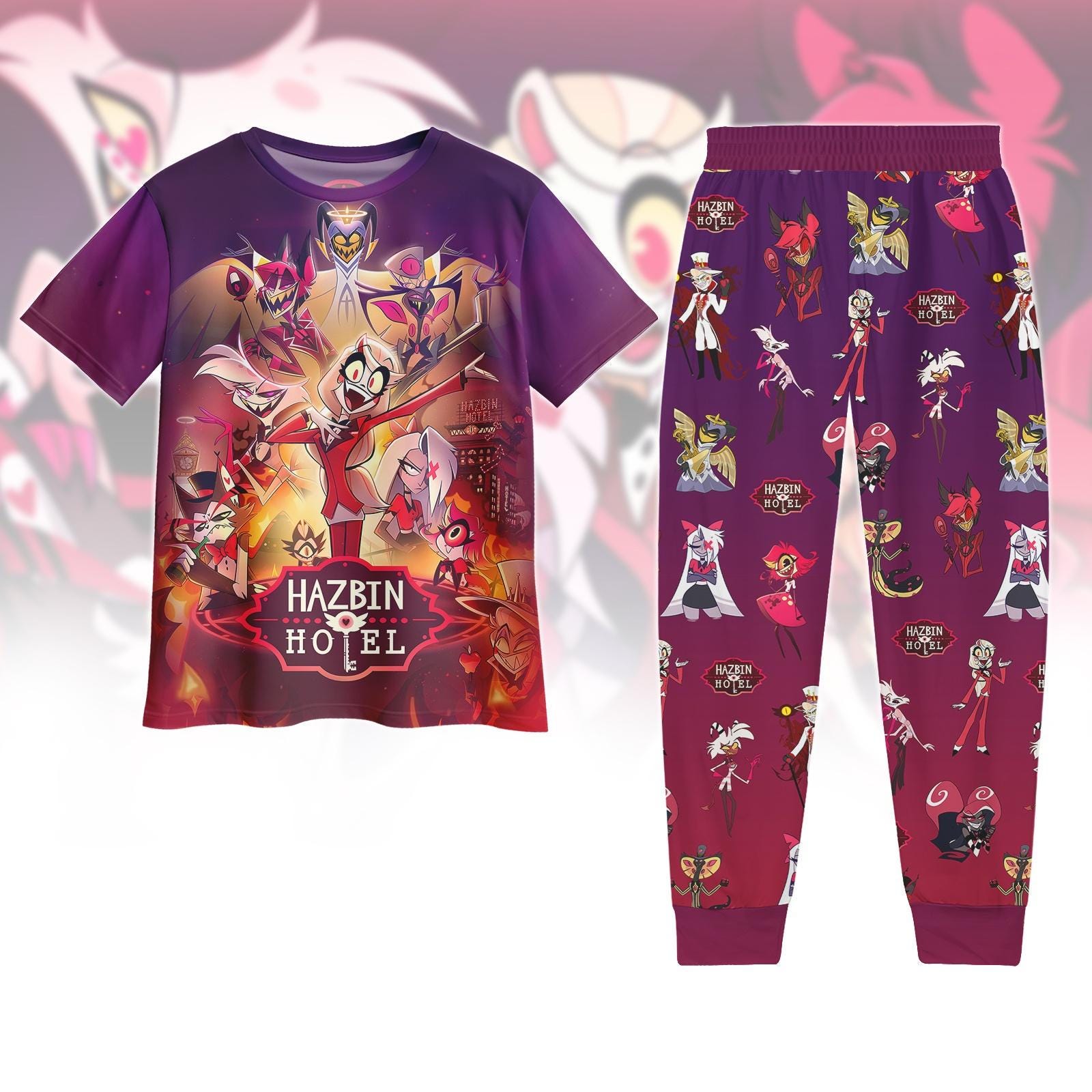 Discover Hazbin Hotel T-Shirt And Pants Set, Lucifer Alastor Charlie Morningstar Pajamas Set, Hazbin Fans Outfit, Vintage Anime Movie Lover Tee