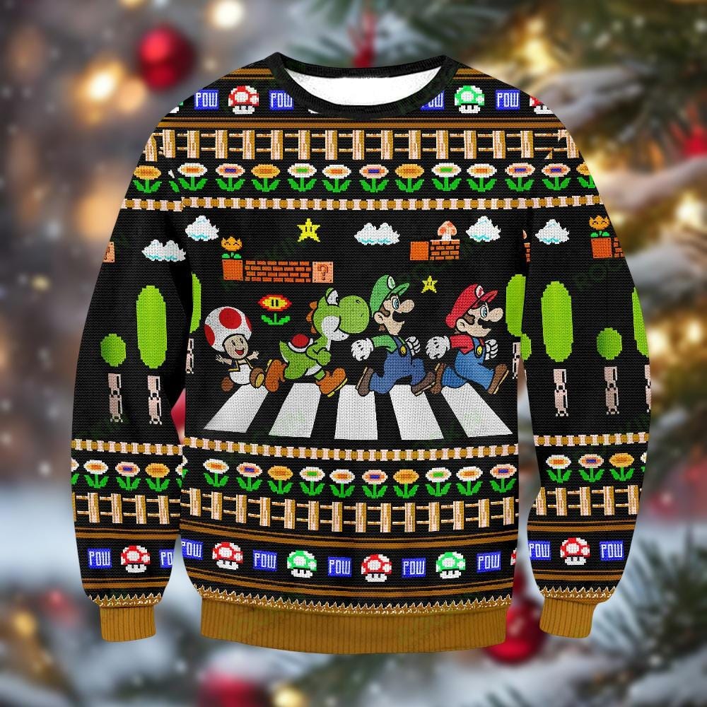 Discover Super Mario & Friends Ugly Christmas Sweater, Retro Video Game Holiday Sweater, Luigi Yoshi Toad Family Xmas Gift