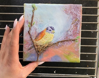 Original bird nesting encaustic art