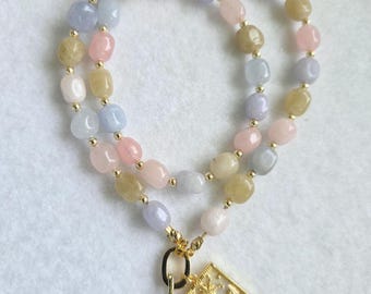 Regenboog karabijnhaak edelstenen kralen ketting, aquamarijn, roze kwarts, aventurijn van Donatella