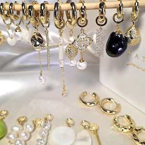 Interchangeable Huggie Earrings | Pearl & Gemstone Dangle Charms