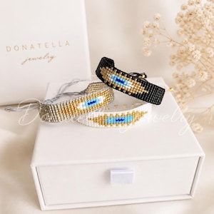 Protective Blue Evil Eye black silver white blue navy miyuki seed beads bracelet by Donatella