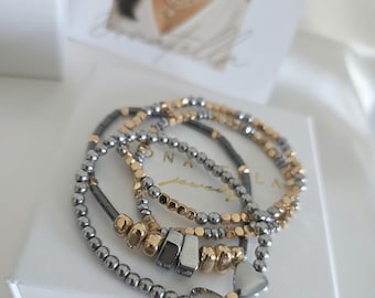 Elowen | Morse zweifarbige altgold und dunkel silber Perlen Armbänder, einzeln oder im Set