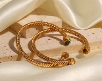 Gold Cuff Bracelet, twisted rope Gold Plated Brass, Natural Stone, Boho Style