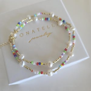 Spring Natural freshwater pearl colorful seed beads stacking necklace by Donatella