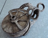Antique Rusty Cast Iron and Wood Barn Pulley