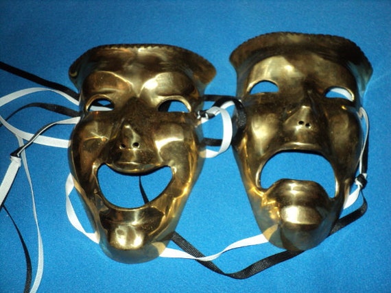 Two Vintage Brass Alloy Decor Mask--Masquerade/Ha… - image 1