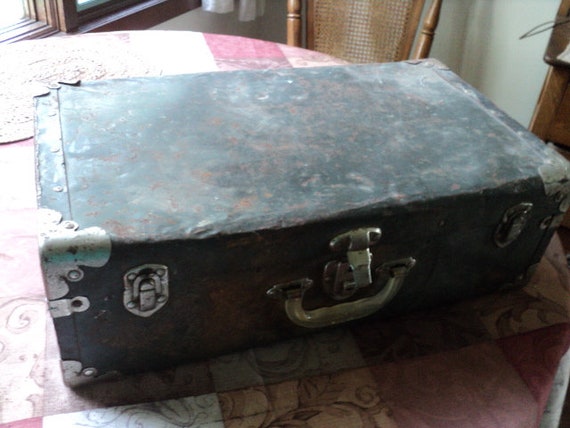 Primitive Antique Metal Suitcase--Industrial Rusty