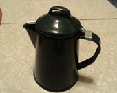 Small Vintage Dark Green and White Flecked Enamel Coffee Pot