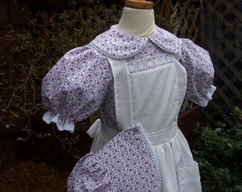 Girls  Pioneer Dress,Pinafore, and Bonnet ..Laura Ingalls  ..Trimmed in lace...Please read full details inside ad