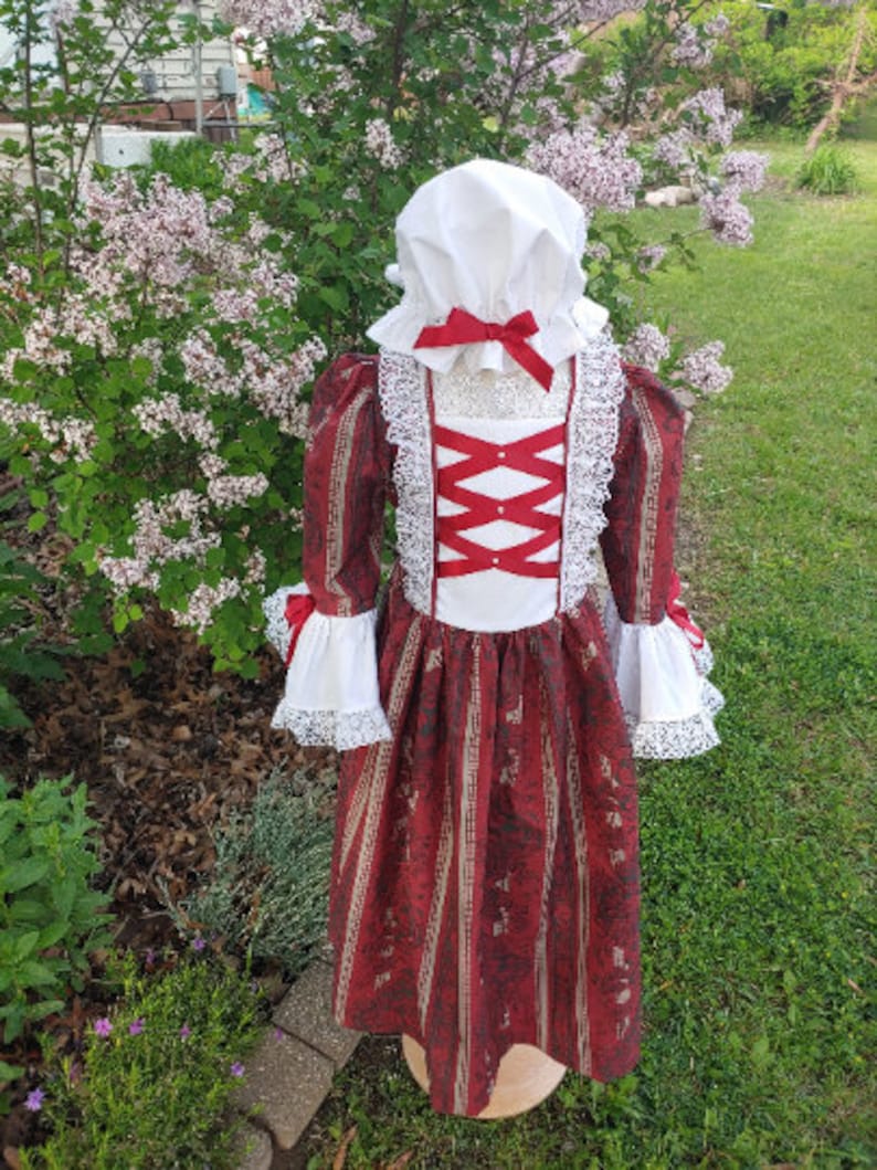 Girls Colonial Dress Williamsburg Costume/Felicity ..Plus Mob Cap..PLEASE read full description Scarlet