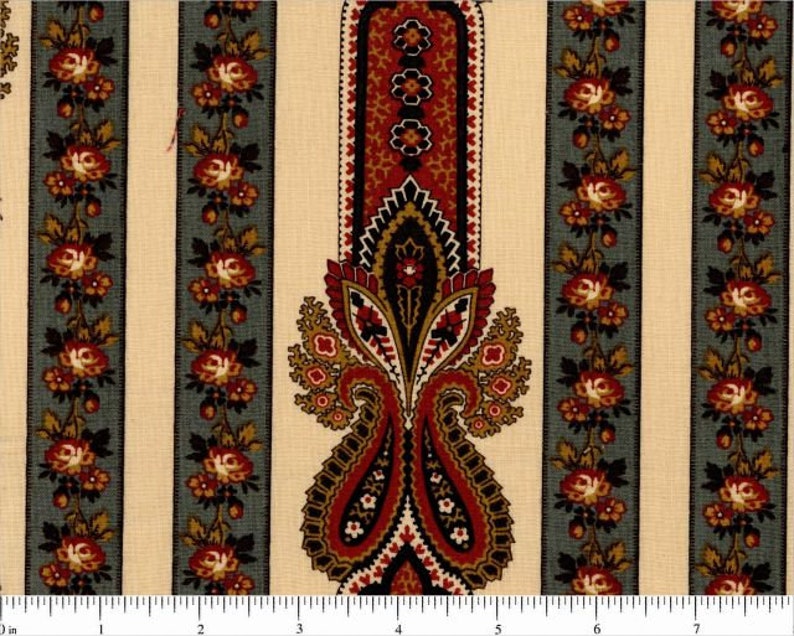 May include: A beige fabric with a repeating pattern of vertical stripes. The stripes are a dark green color with a floral design and a paisley design in shades of red, black, and gold.